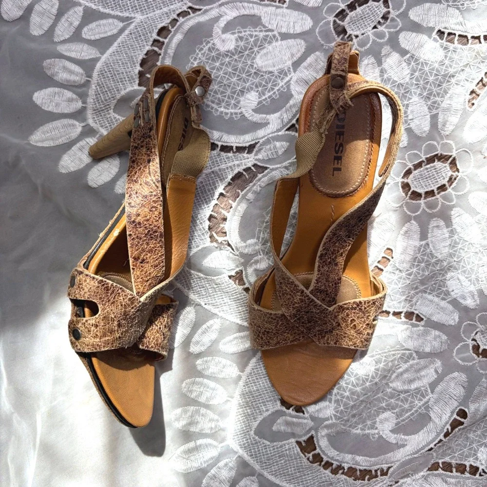 Y2K Diesel Leilani Leather Distressed Strappy Heels Tan Brown US 5.5 EUR 35.5